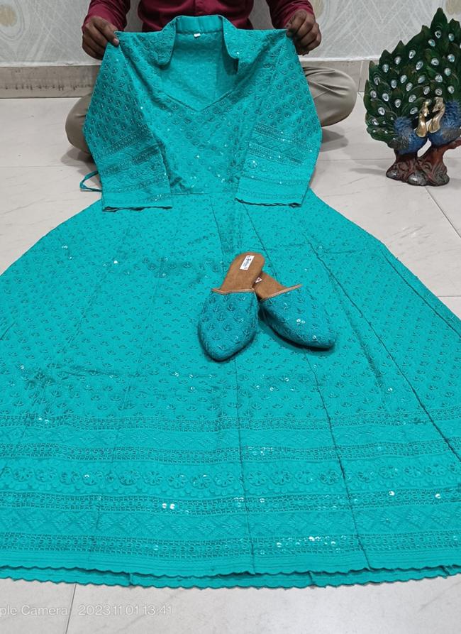 Sky blue Cambric Cotton Tradional Wear Sequins Work Gown
