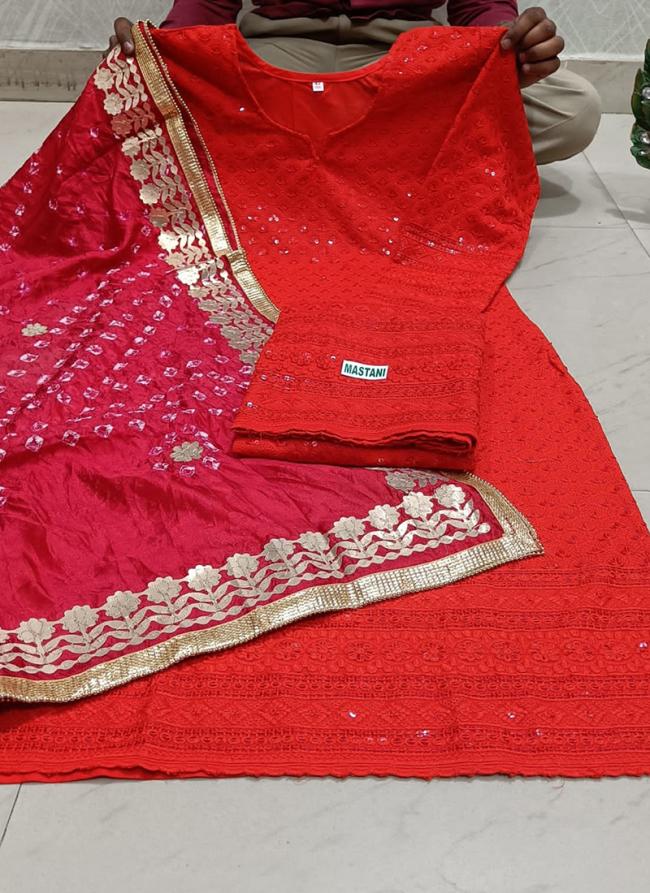 Red Cambric Cotton Festival Wear Sequins Work Phulkari Suit