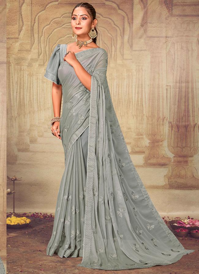 Grey Chiffon Festival Wear Embroidery Work Saree