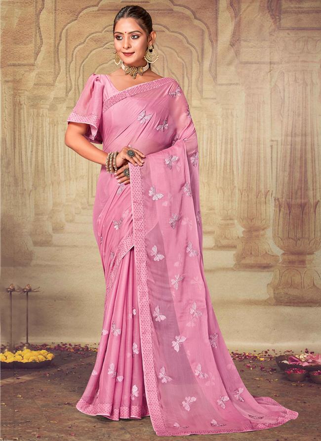 Pink Chiffon Festival Wear Embroidery Work Saree