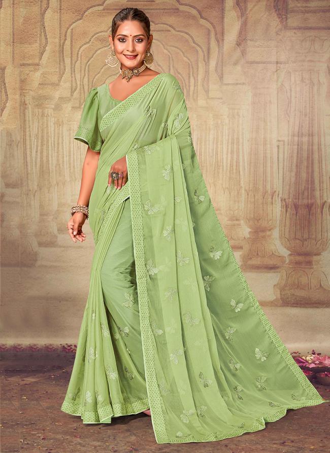 Pista Green Chiffon Festival Wear Embroidery Work Saree