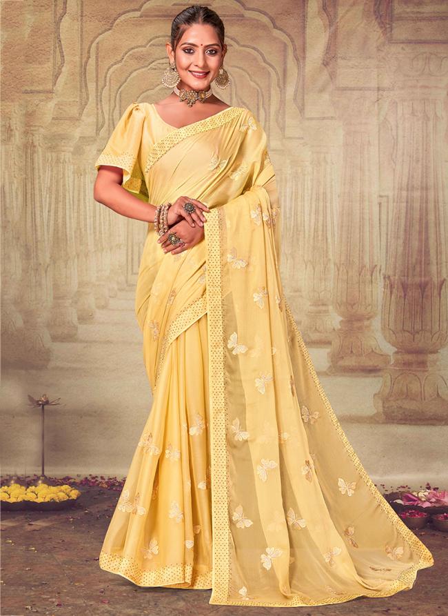 Yellow Chiffon Festival Wear Embroidery Work Saree