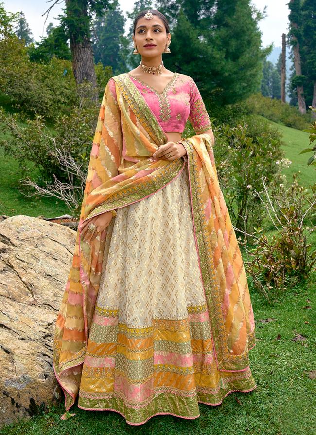 Cream Silk Wedding Wear Embroidery Work Lehenga Choli