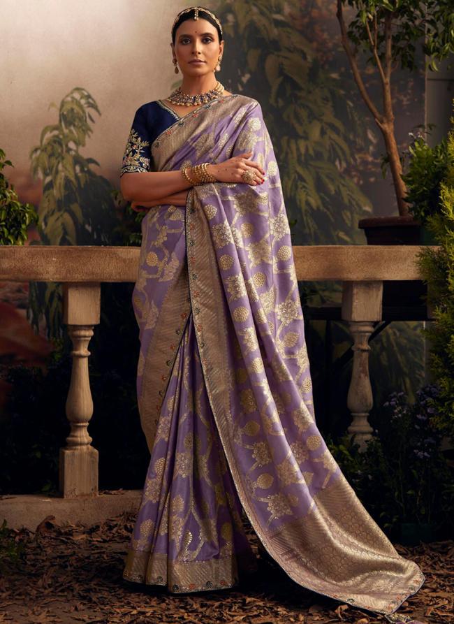 Lilac Dola Silk Wedding Wear Embroidery Work Saree