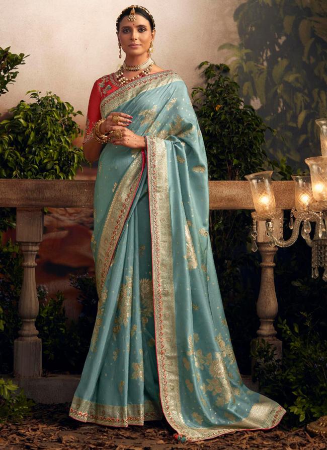 Sky blue Dola Silk Wedding Wear Embroidery Work Saree