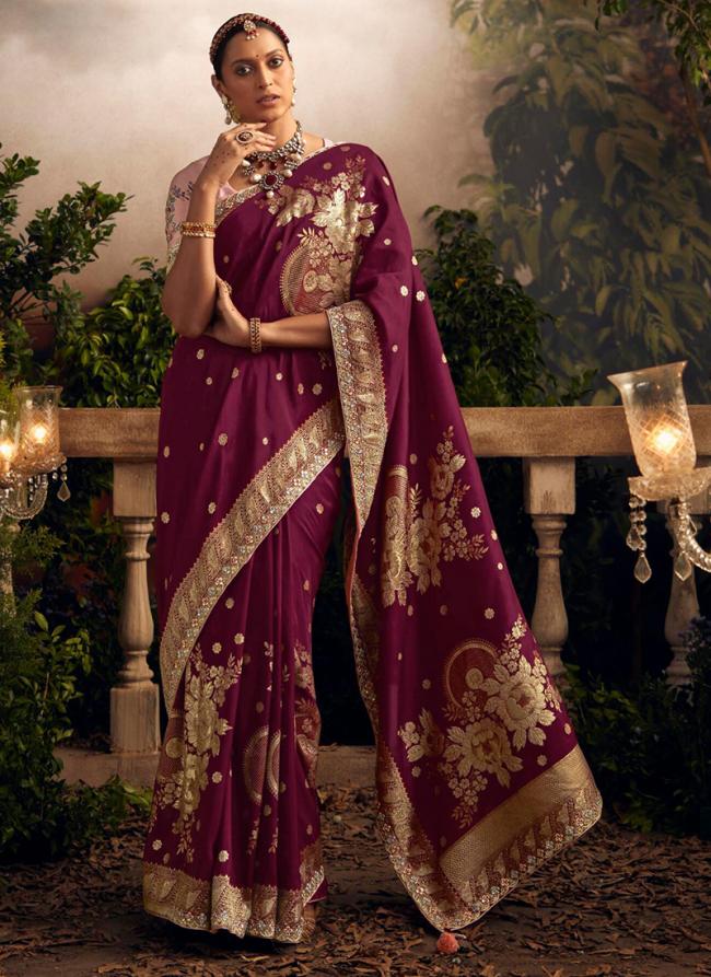 Wine Dola Silk Wedding Wear Embroidery Work Saree