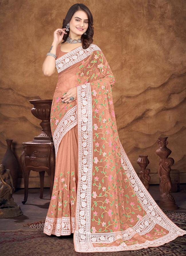 Dusty Peach Organza Festival Wear Embroidery Work Saree