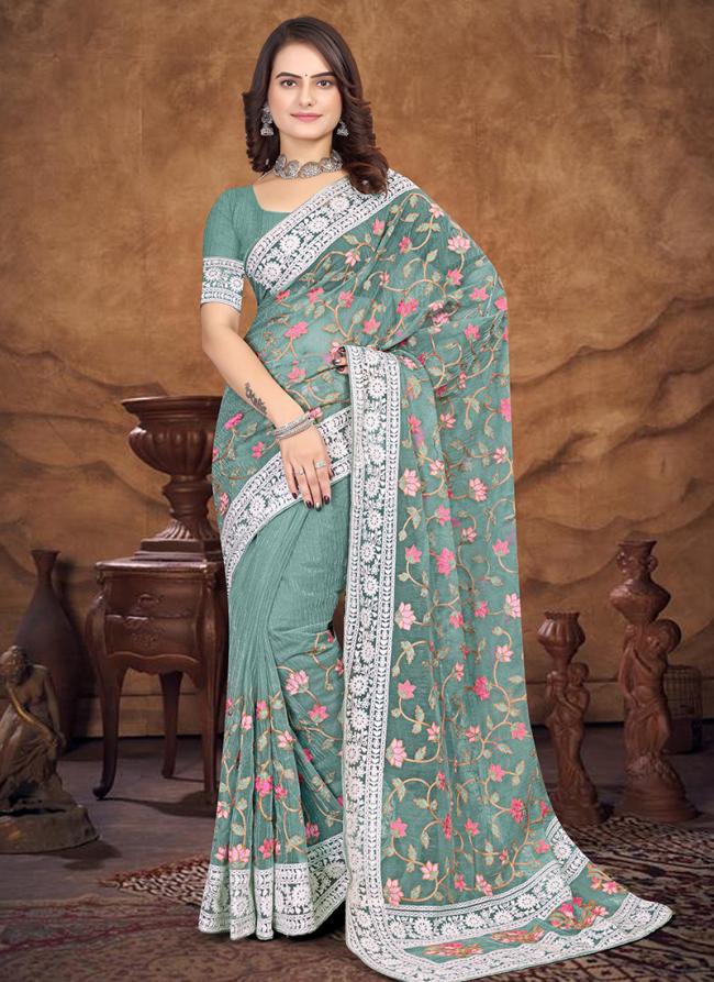 Dusty Sea Green Organza Festival Wear Embroidery Work Saree