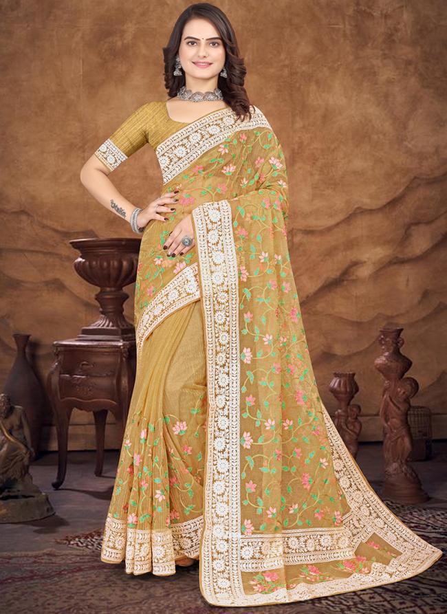 Mustard Organza Festival Wear Embroidery Work Saree