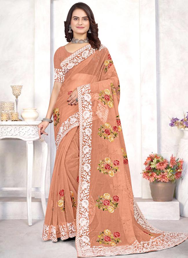 Dusty Peach Organza Tradional Wear Embroidery Work Saree