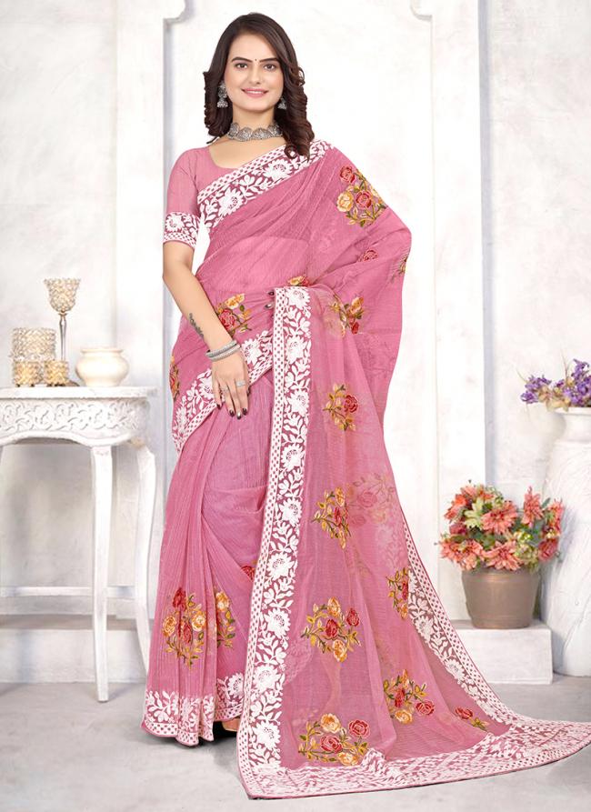 Dusty Pink Organza Tradional Wear Embroidery Work Saree