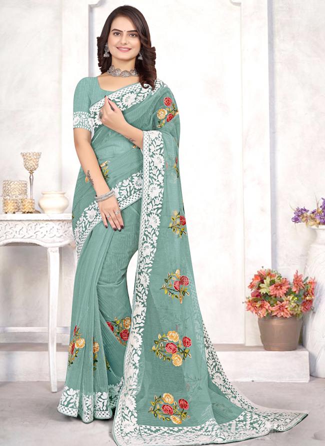 Dusty Sea Green Organza Tradional Wear Embroidery Work Saree