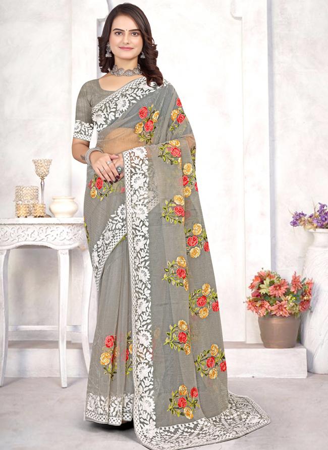 Grey Organza Tradional Wear Embroidery Work Saree