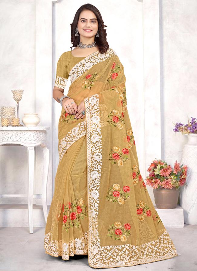 Mustard Organza Tradional Wear Embroidery Work Saree