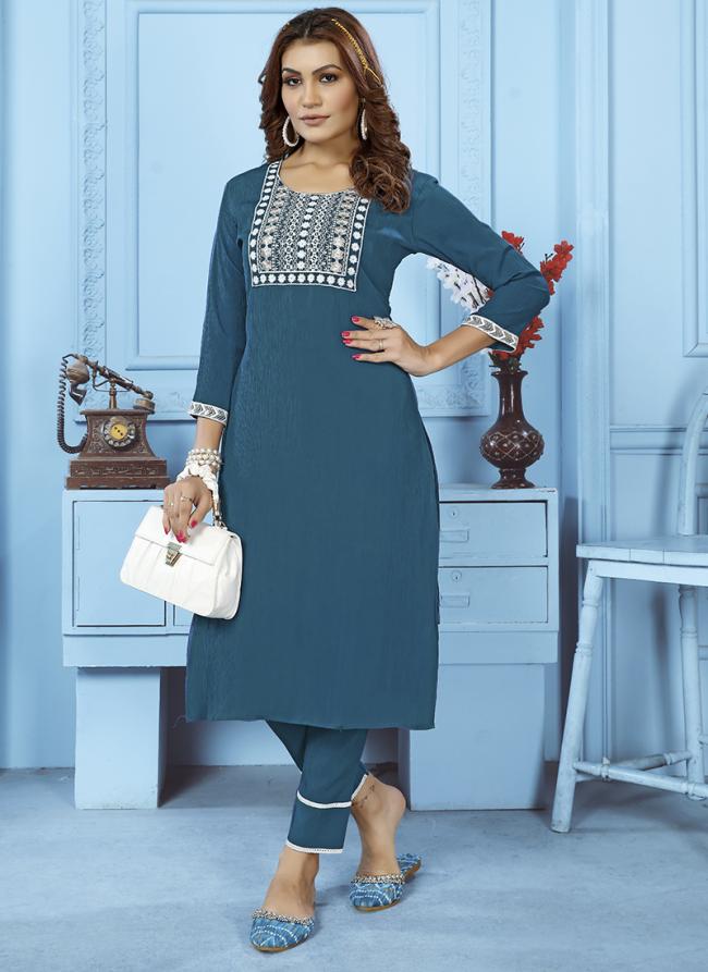 Blue Cotton Daily Wear Embroidery Work Kurti With Pant