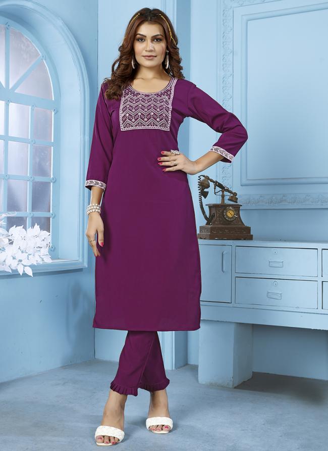 Purple Cotton Daily Wear Embroidery Work Kurti With Pant