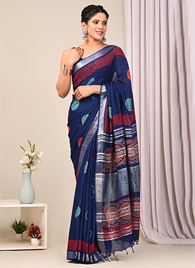 Navy Blue Linen Cotton Casual Wear Bagru Prited Saree