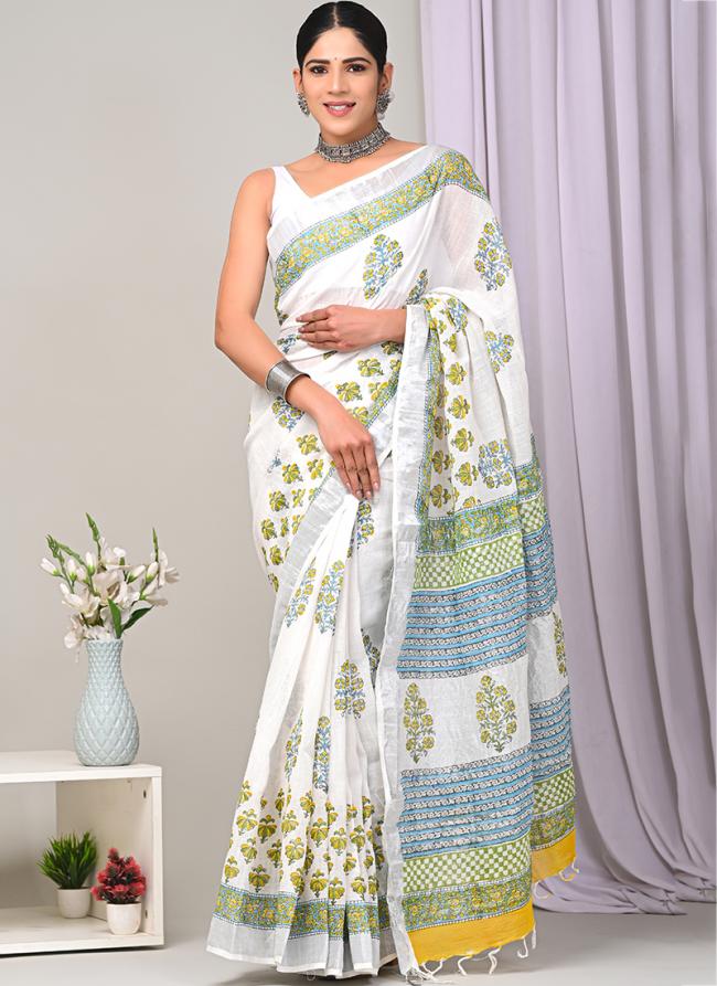 White Linen Cotton Casual Wear Bagru Prited Saree