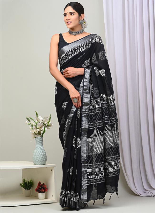 Black Linen Cotton Casual Wear Bagru Prited Saree