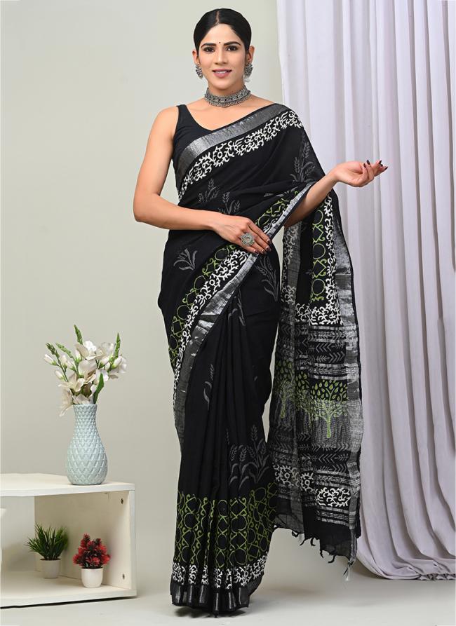 Black Linen Cotton Casual Wear Bagru Prited Saree