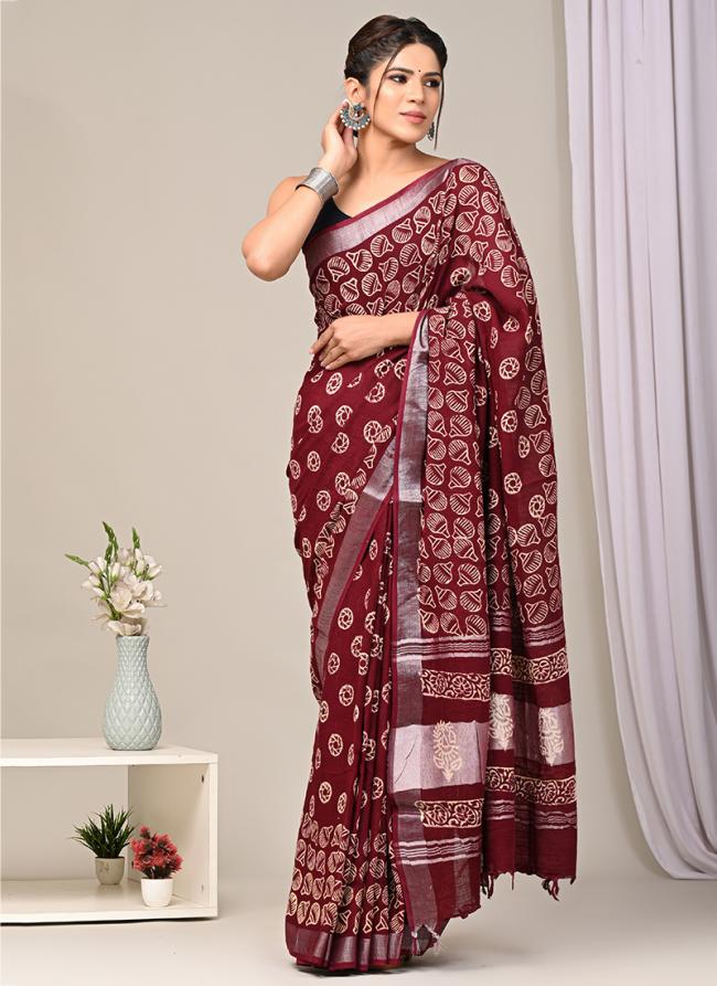 Maroon Linen Cotton Casual Wear Bagru Prited Saree