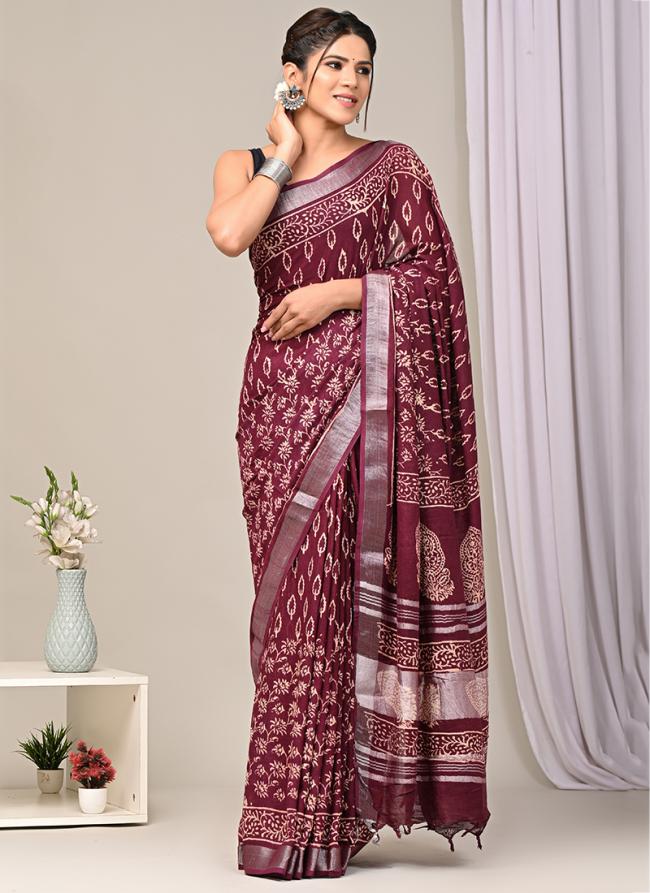 Wine Linen Cotton Casual Wear Bagru Prited Saree