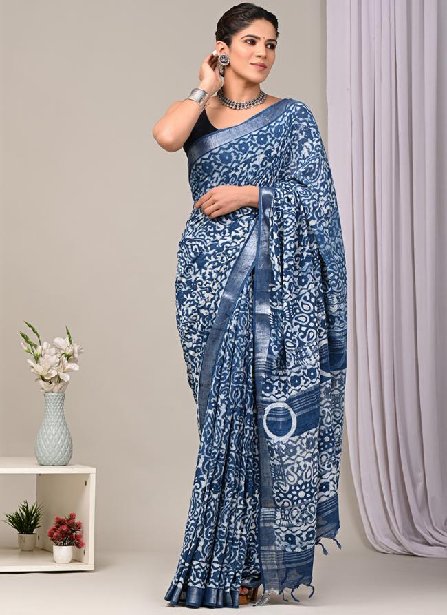 Royal Blue Linen Cotton Casual Wear Bagru Prited Saree