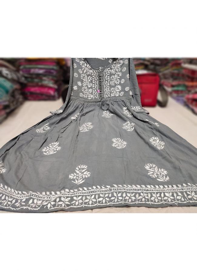 Grey Pure Rayon Tradional Wear Lucknowi Kurti