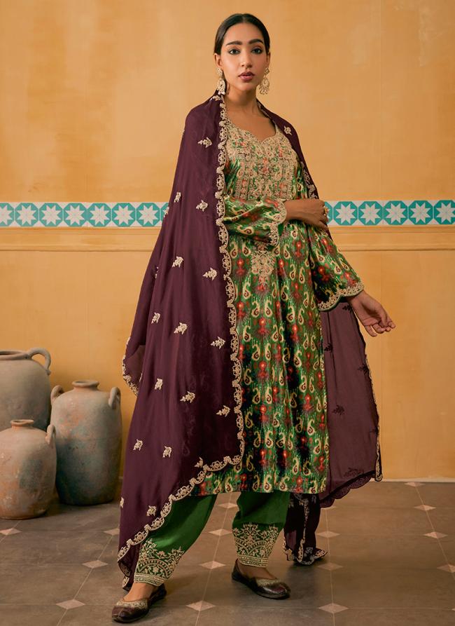 Green Velvet Festival Wear Embroidery Work Palazzo Suit