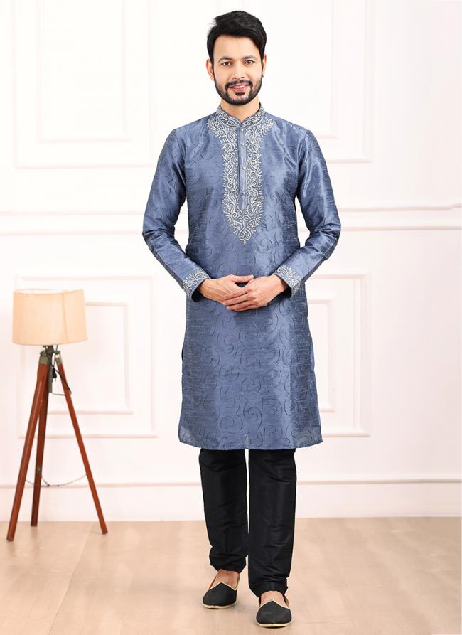 Blue Art Banarasi Silk Festival Wear Thread Work Kurta Pajama