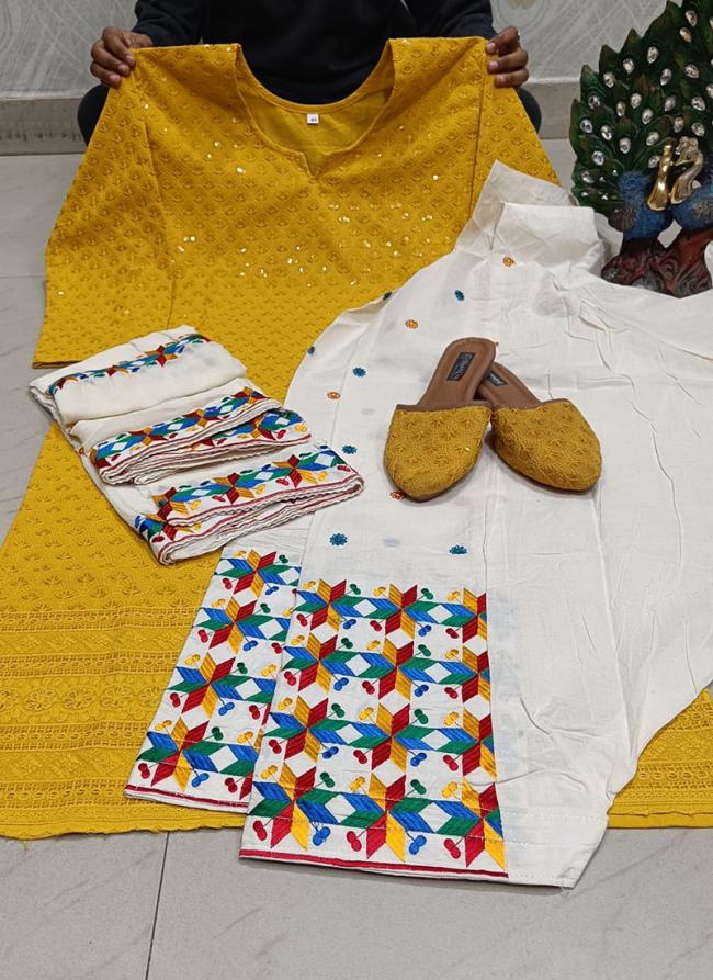 Mustard Cambric Cotton Festival Wear Chikankari Phulkari Suit