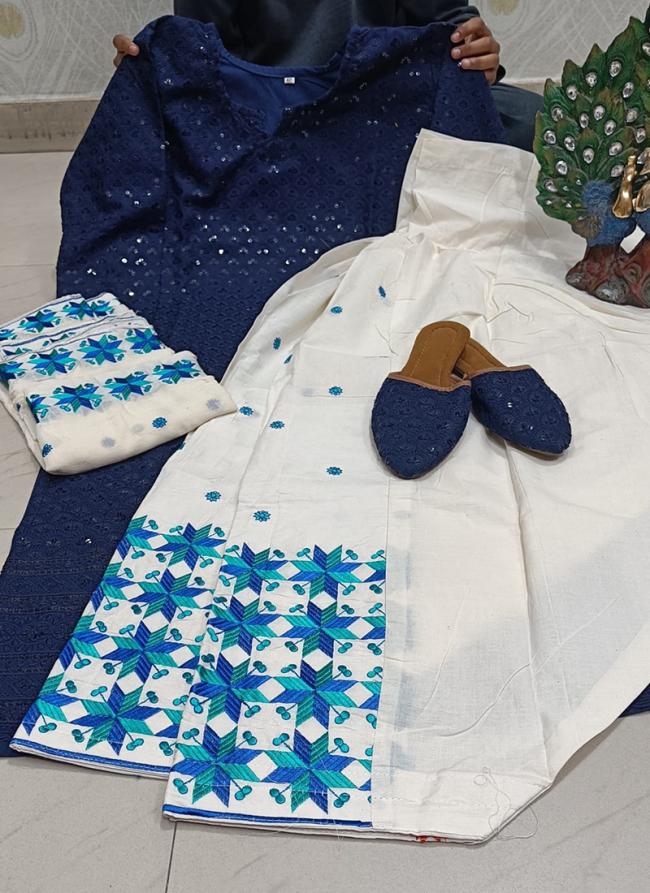 Navy Blue Cambric Cotton Festival Wear Chikankari Phulkari Suit