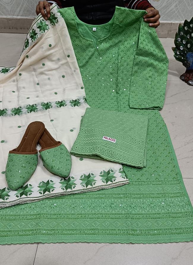 Pista Green Cambric Cotton Traditional Wear Chikankari Phulkari Suit