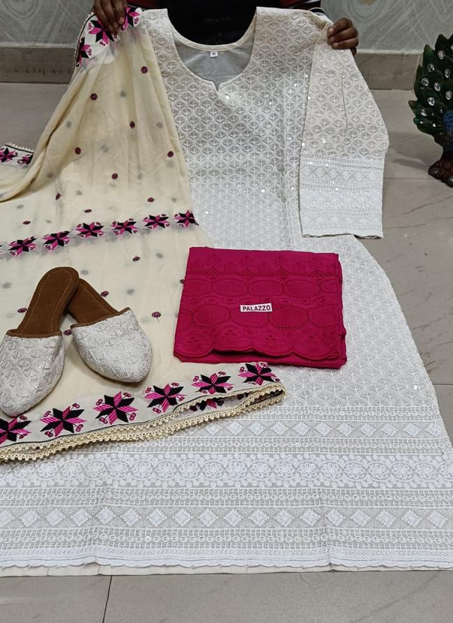 White Cambric Cotton Traditional Wear Chikankari Phulkari Suit