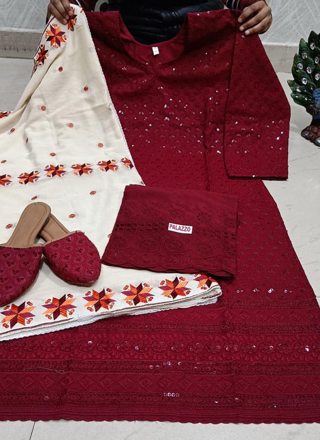 Maroon Cambric Cotton Traditional Wear Chikankari Phulkari Suit
