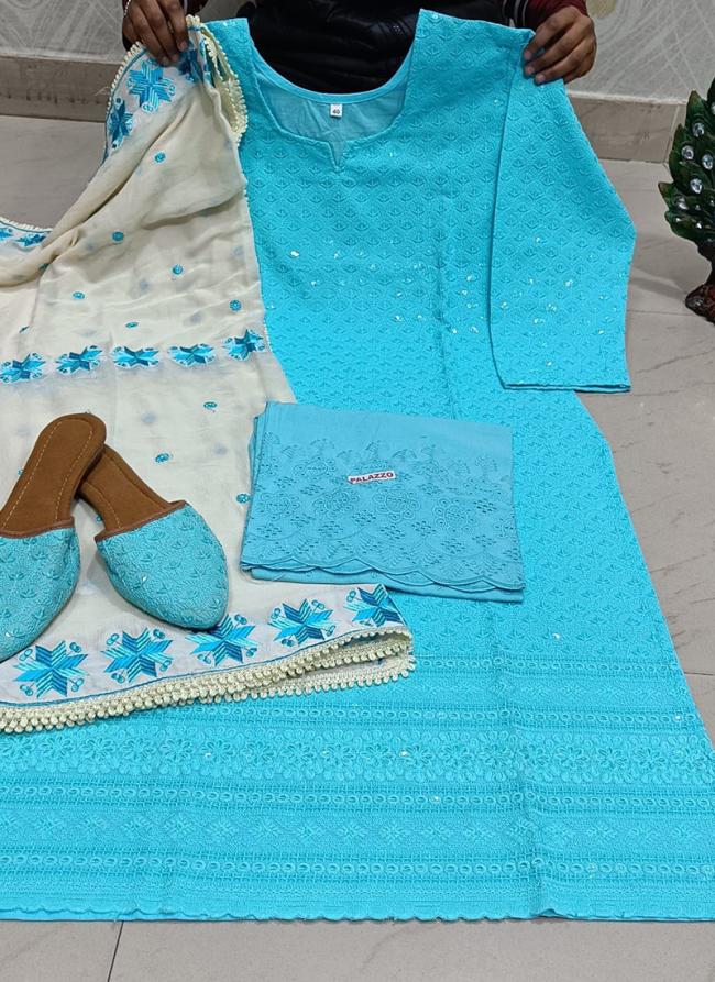 Sky Blue Cambric Cotton Traditional Wear Chikankari Phulkari Suit