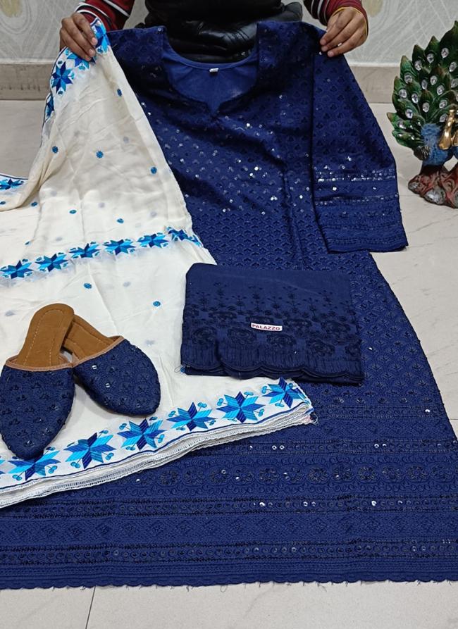 Navy Blue Cambric Cotton Traditional Wear Chikankari Phulkari Suit