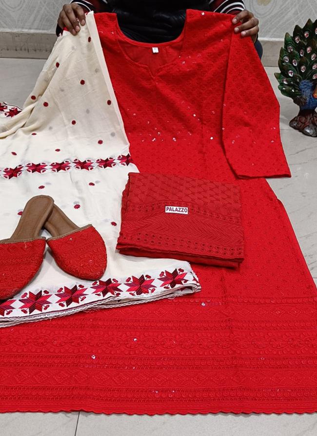 Red Cambric Cotton Traditional Wear Chikankari Phulkari Suit