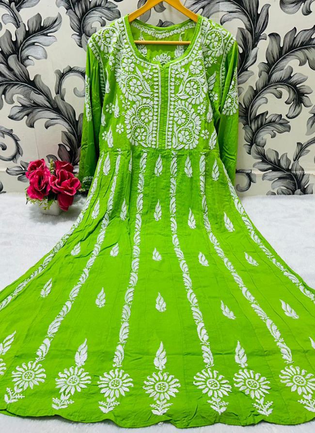 Light Green Soft Modal Festival Wear Lucknowi Gown