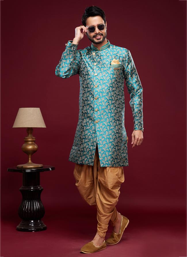 Teal Banarasi Jacquard Tradional Wear Weaving Peshawari Indo Western