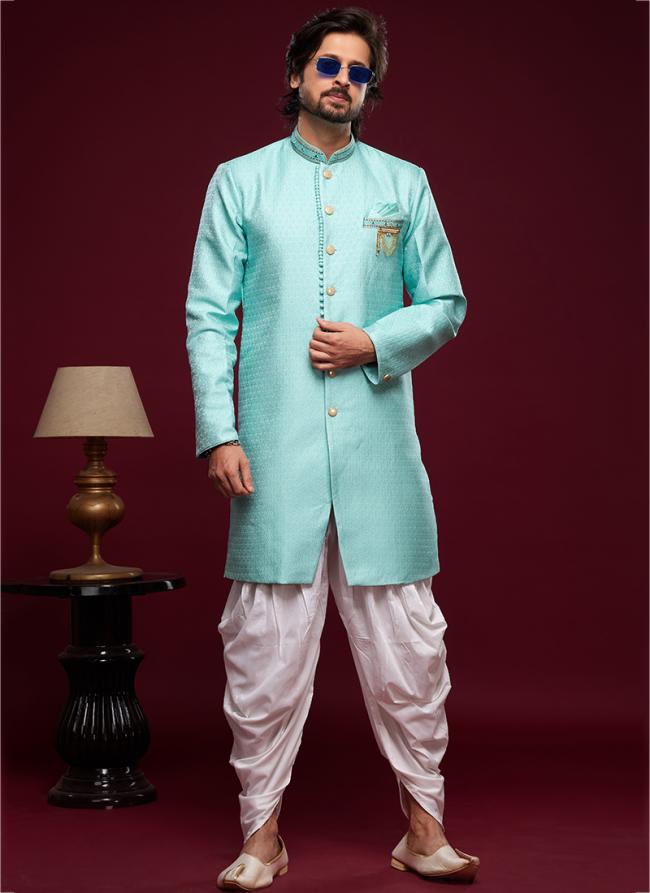 Turquoise Blue Banarasi Jacquard Tradional Wear Weaving Peshawari Indo Western
