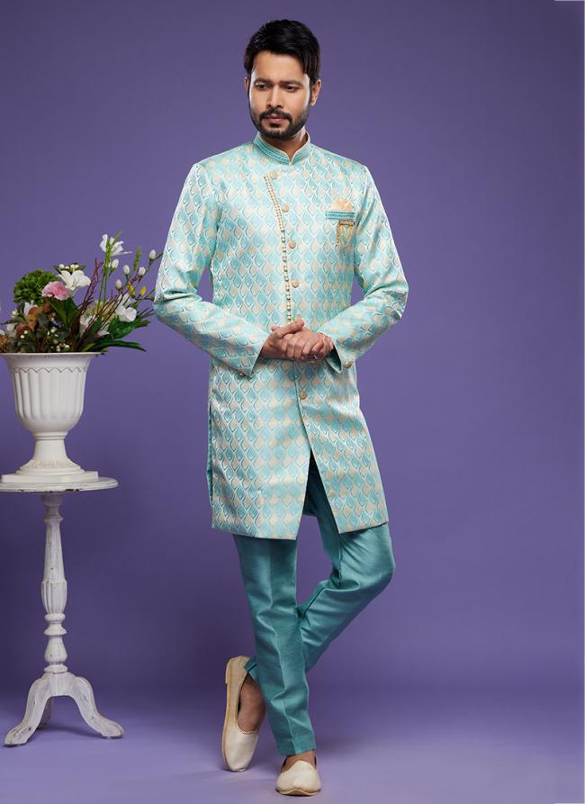 Turquoise Blue Banarasi Jacquard Festival Wear Weaving Indo Western