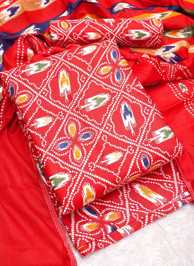 Red Cotton Casual Wear Printed Dress Material