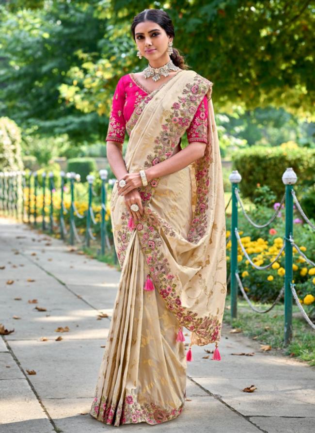 Cream Gadhwal Wedding Wear Hand Work Saree