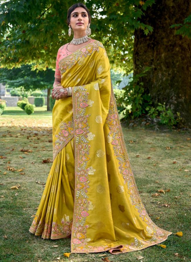 Lime Yellow Gadhwal Wedding Wear Hand Work Saree