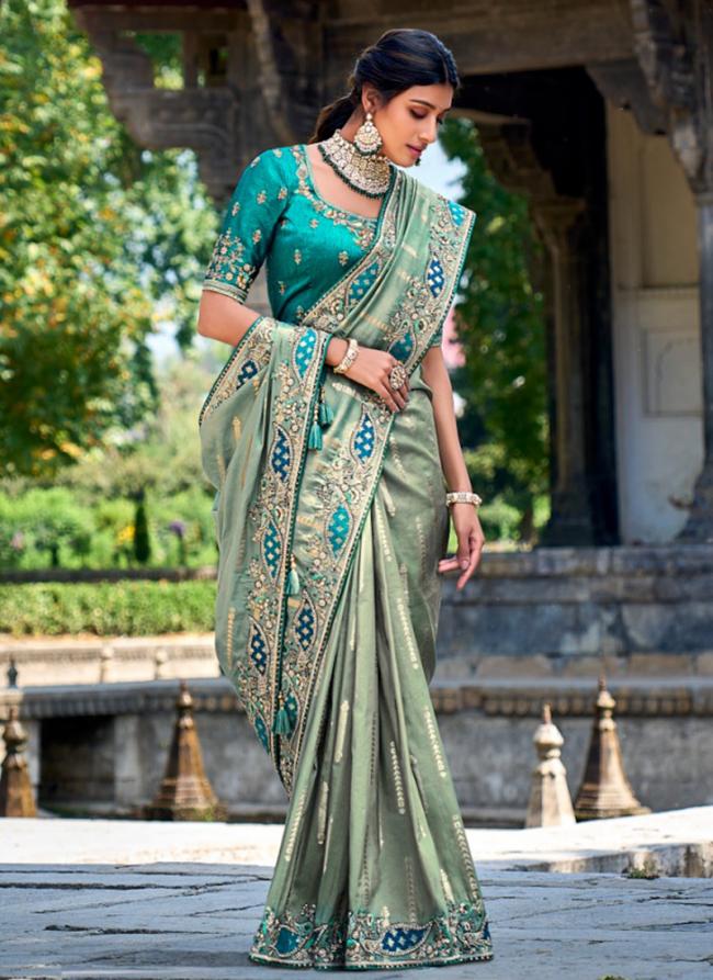 Teal Gadhwal Wedding Wear Hand Work Saree