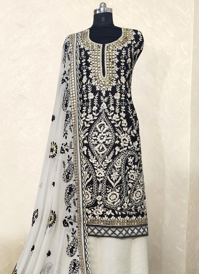 Black Georgette Tradional Wear Lucknowi Work Dress Material