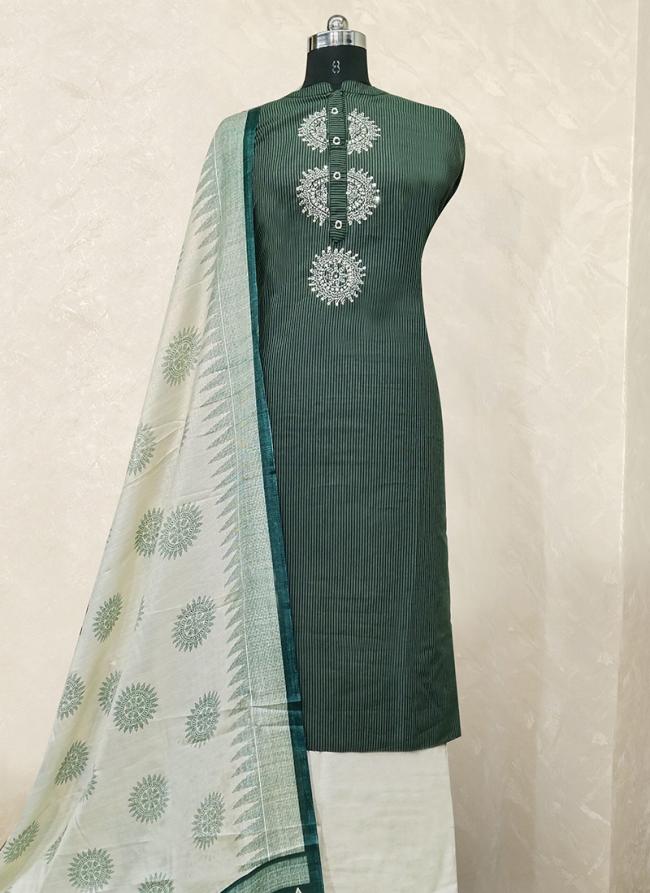 Green Pure Cotton Casual Wear Embroidery Work Dress Material