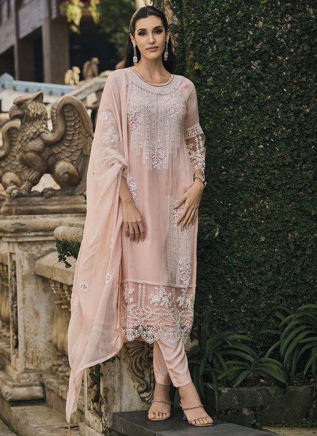 Peach Soft Organza Party Wear Embroidery Work Readymade Salwar Suit