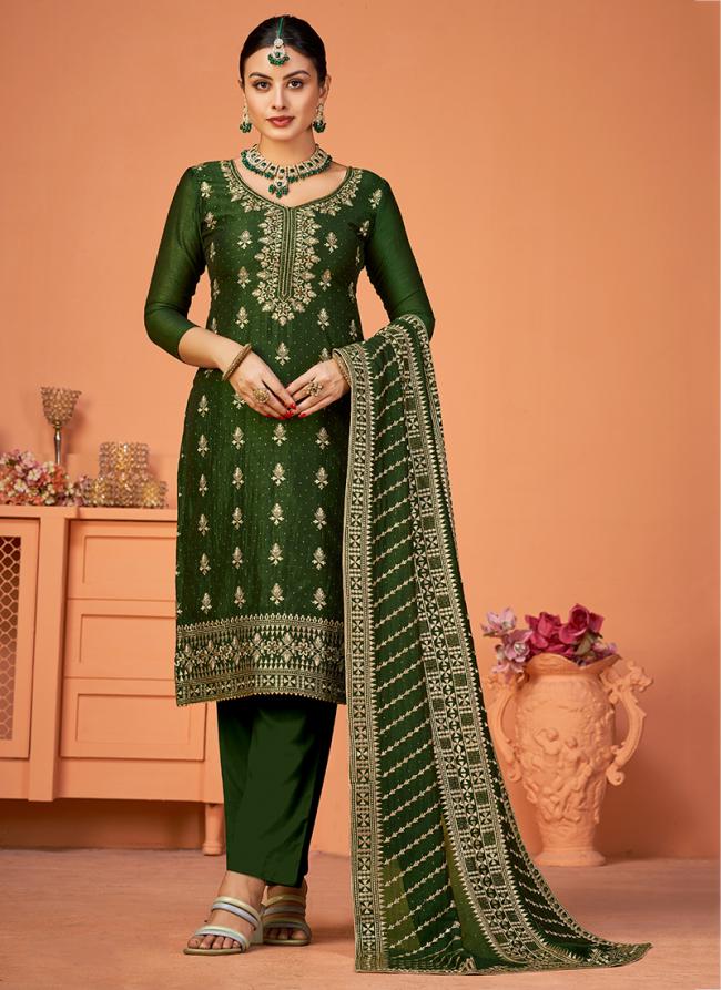 Green Vichitra Silk Tradional Wear Weaving Straight Suit